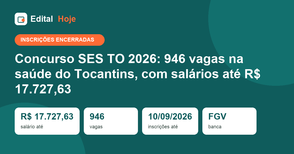 Concurso SES TO 2026: inscrições encerradas, prova em 01/11/2026 — veja o que cai e como se preparar