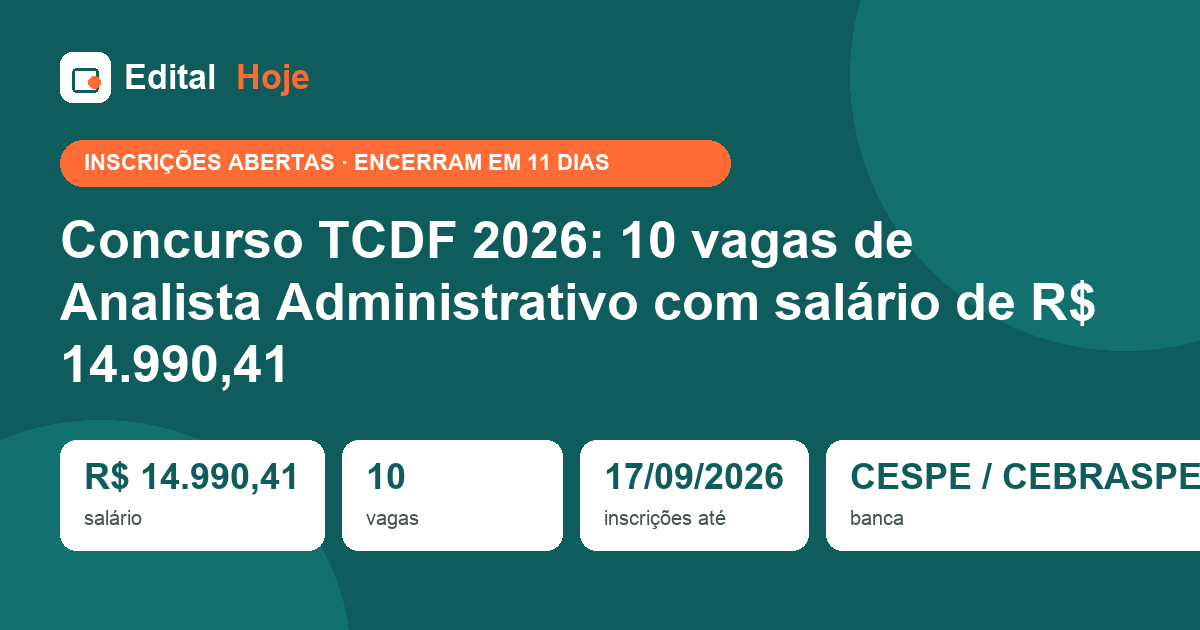 Concurso TCDF 2026: 10 vagas de Analista Administrativo com salário de R$ 14.990,41
