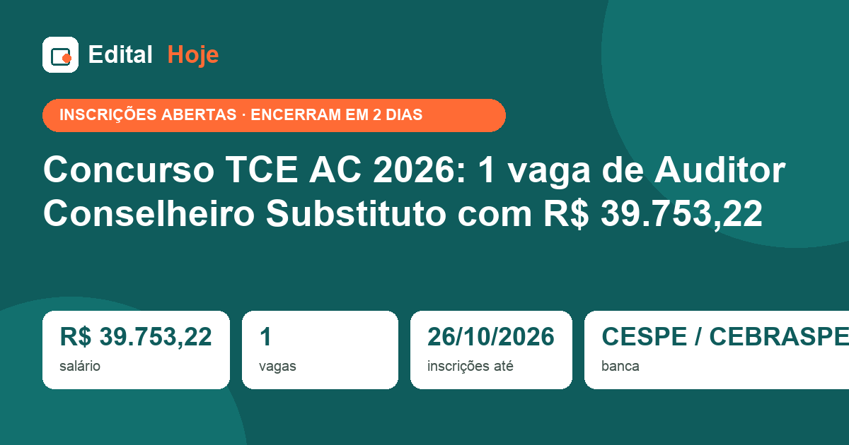 Concurso TCE AC 2026: 1 vaga de Auditor Conselheiro Substituto com R$ 39.753,22
