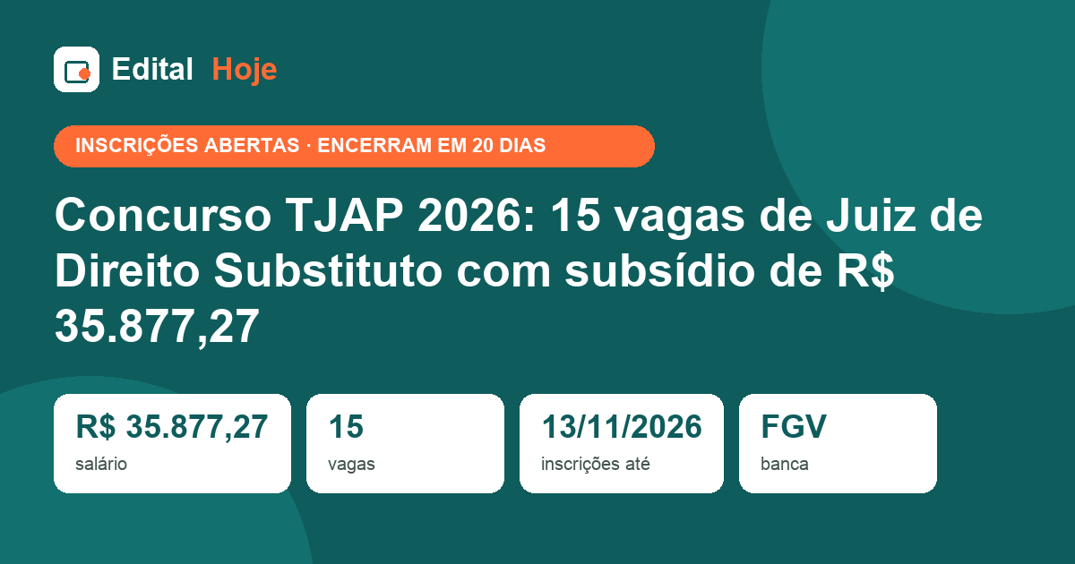 Concurso TJAP 2026: 15 vagas de Juiz de Direito Substituto com subsídio de R$ 35.877,27