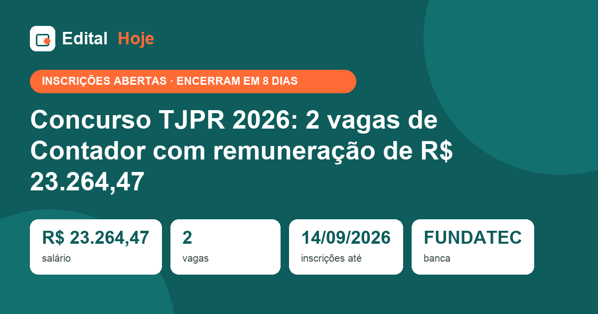 Concurso TJPR 2026: 2 vagas de Contador com remuneração de R$ 23.264,47
