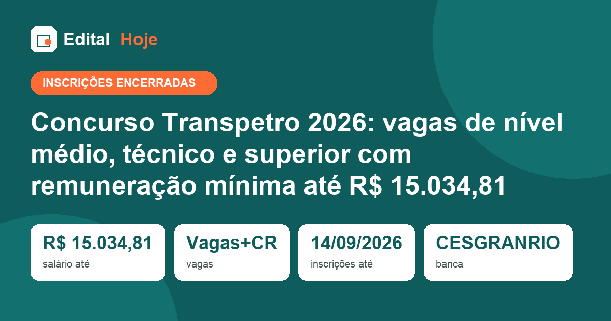 Concurso Transpetro 2026: inscrições encerradas, prova em 29/11/2026 — veja o que cai e como se preparar