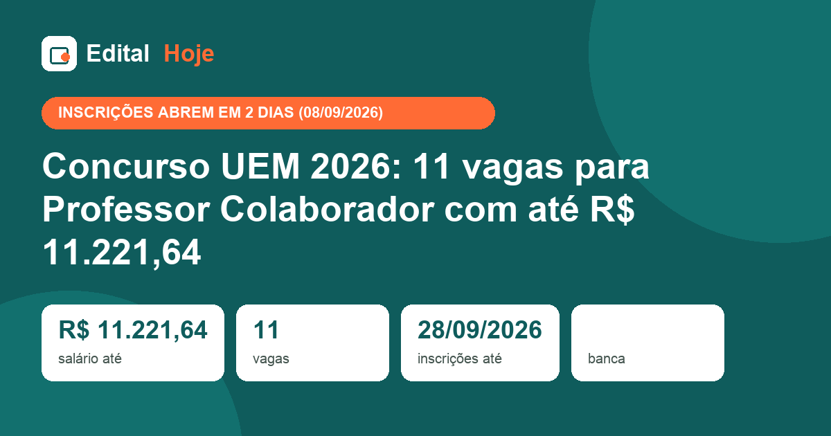 Concurso UEM 2026: 11 vagas para Professor Colaborador com até R$ 11.221,64