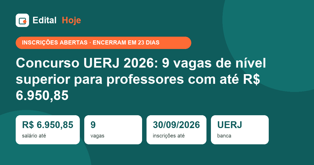 Concurso UERJ 2026: 9 vagas de nível superior para professores com até R$ 6.950,85