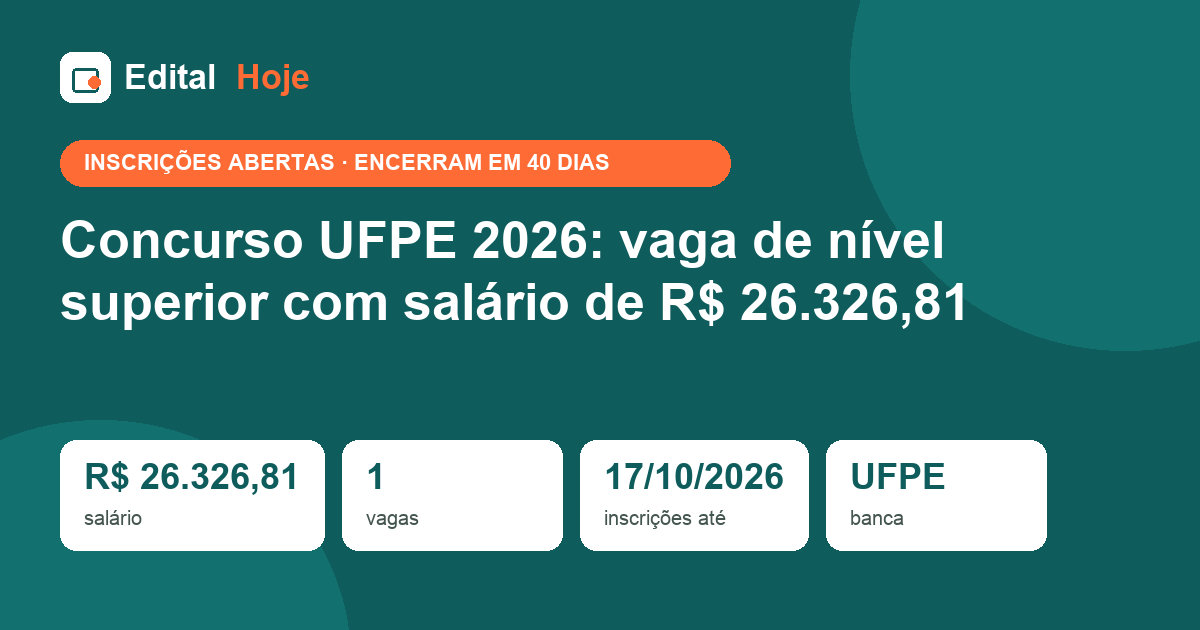 Concurso UFPE 2026: vaga de nível superior com salário de R$ 26.326,81