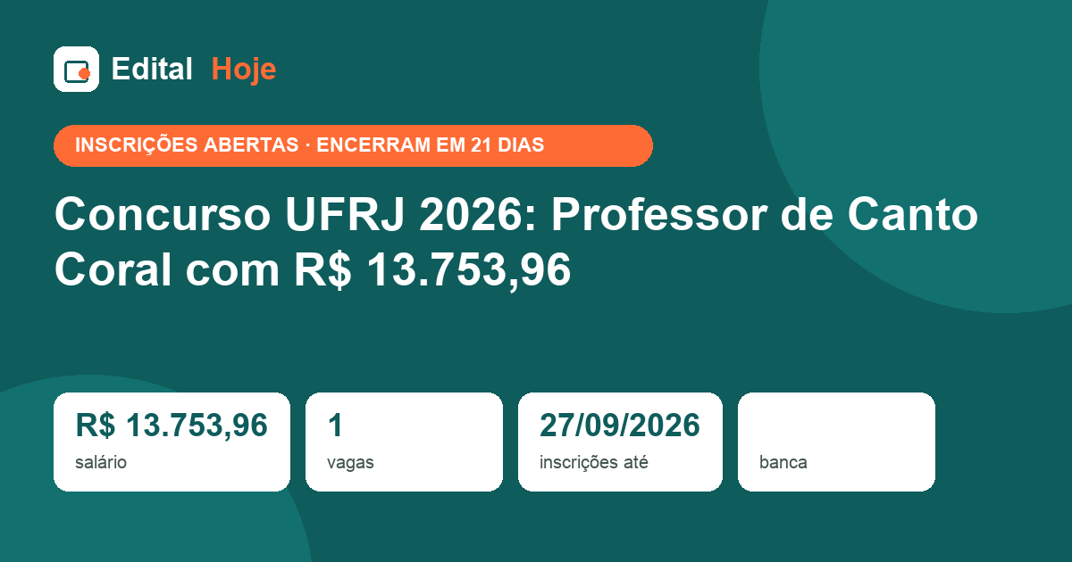 Concurso UFRJ 2026: Professor de Canto Coral com R$ 13.753,96