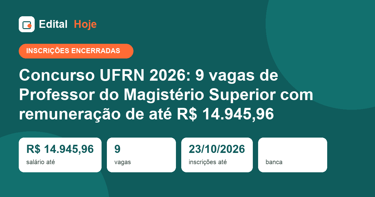 Concurso UFRN 2026: inscrições encerradas em 23/10/2026 — etapas, cargos e salários