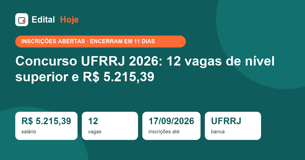 Concurso UFRRJ 2026: 12 vagas de nível superior e R$ 5.215,39
