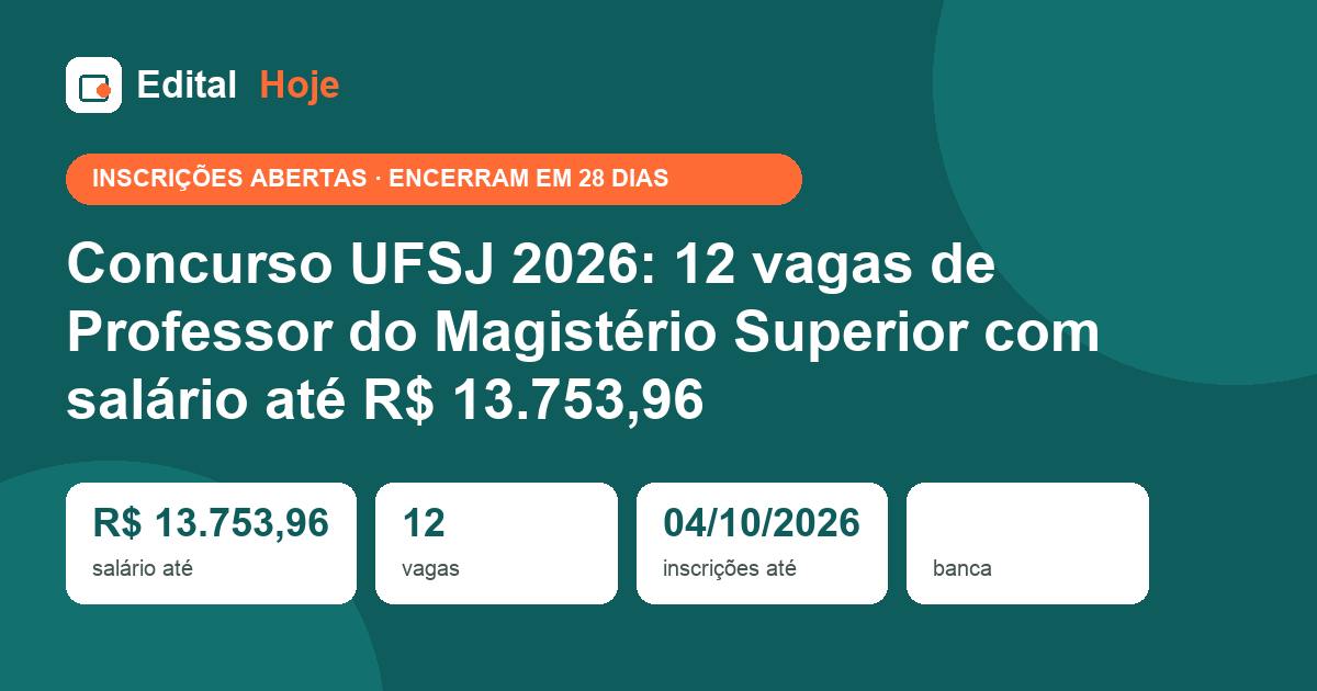 Concurso UFSJ 2026: 12 vagas de Professor do Magistério Superior com salário até R$ 13.753,96