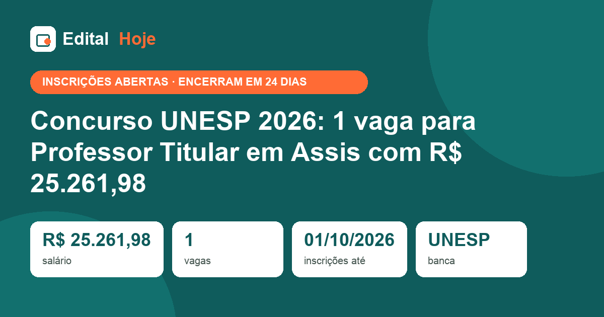 Concurso UNESP 2026: 1 vaga para Professor Titular em Assis com R$ 25.261,98