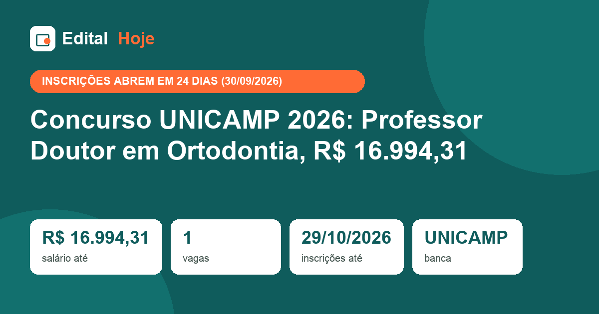 Concurso UNICAMP 2026: Professor Doutor em Ortodontia, R$ 16.994,31