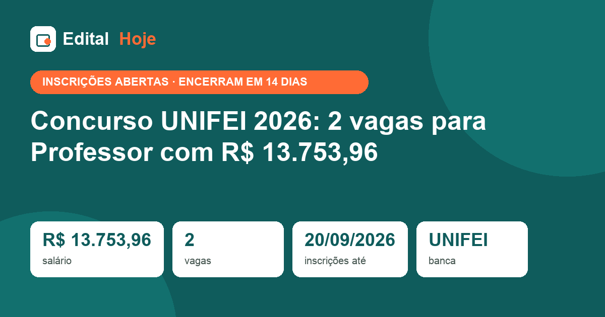Concurso UNIFEI 2026: 2 vagas para Professor com R$ 13.753,96