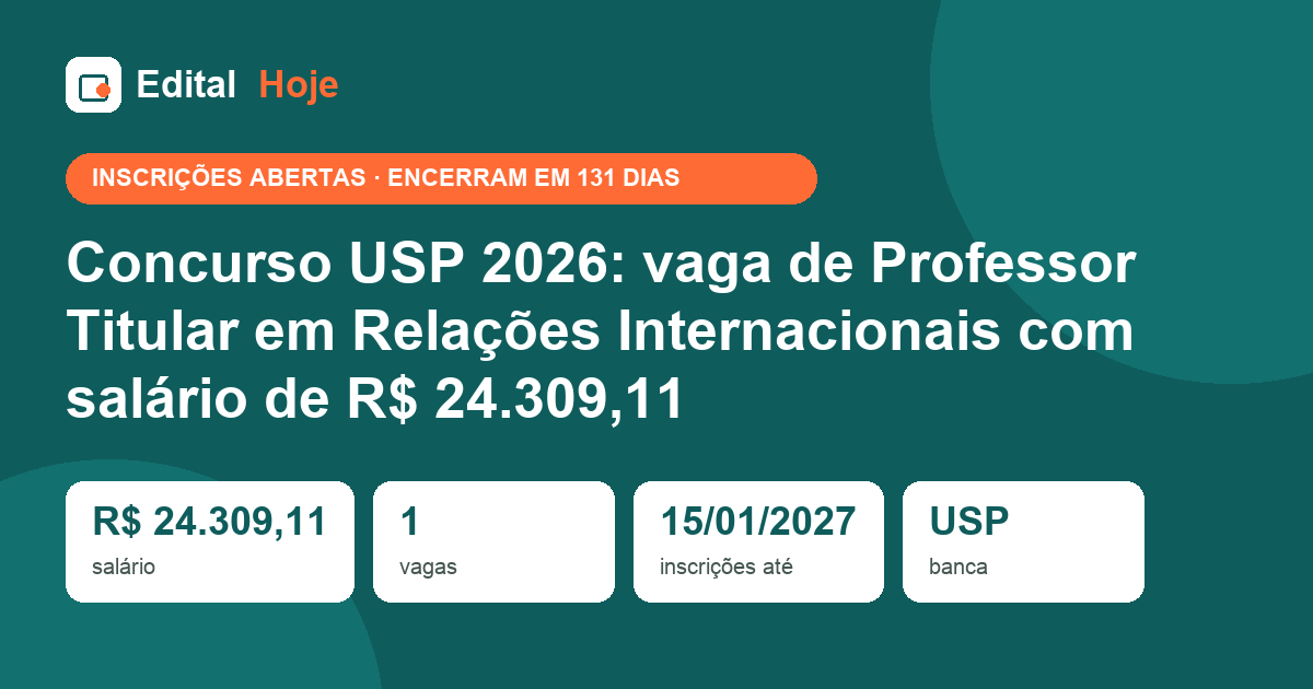Concurso USP 2026: vaga de Professor Titular em Relações Internacionais com salário de R$ 24.309,11