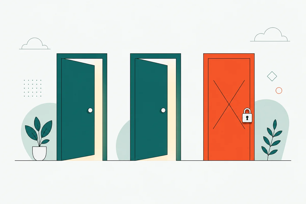 Três portas lado a lado, duas verdes abertas e uma vermelha fechada com um X, representando aberturas de redação que funcionam e uma que queima o texto