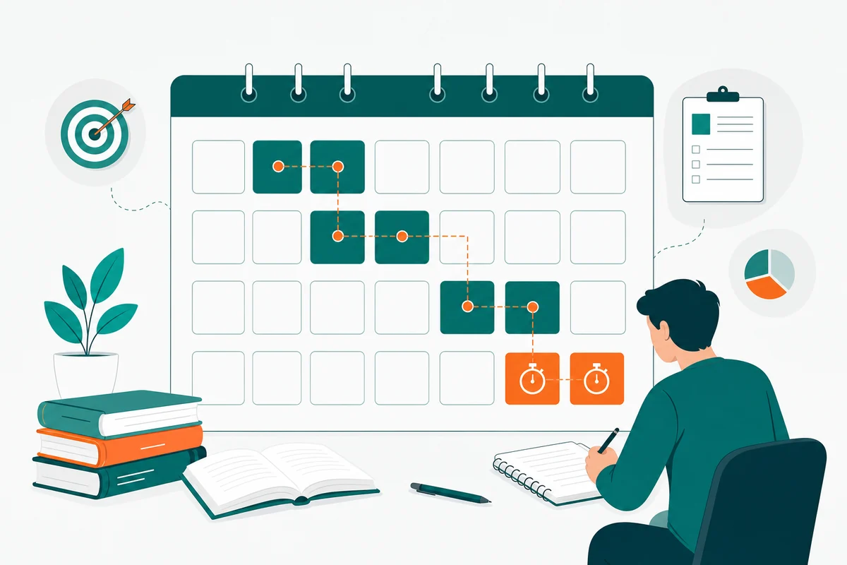 Calendário de quatro semanas com dois dias marcados por semana e um selo no último fim de semana